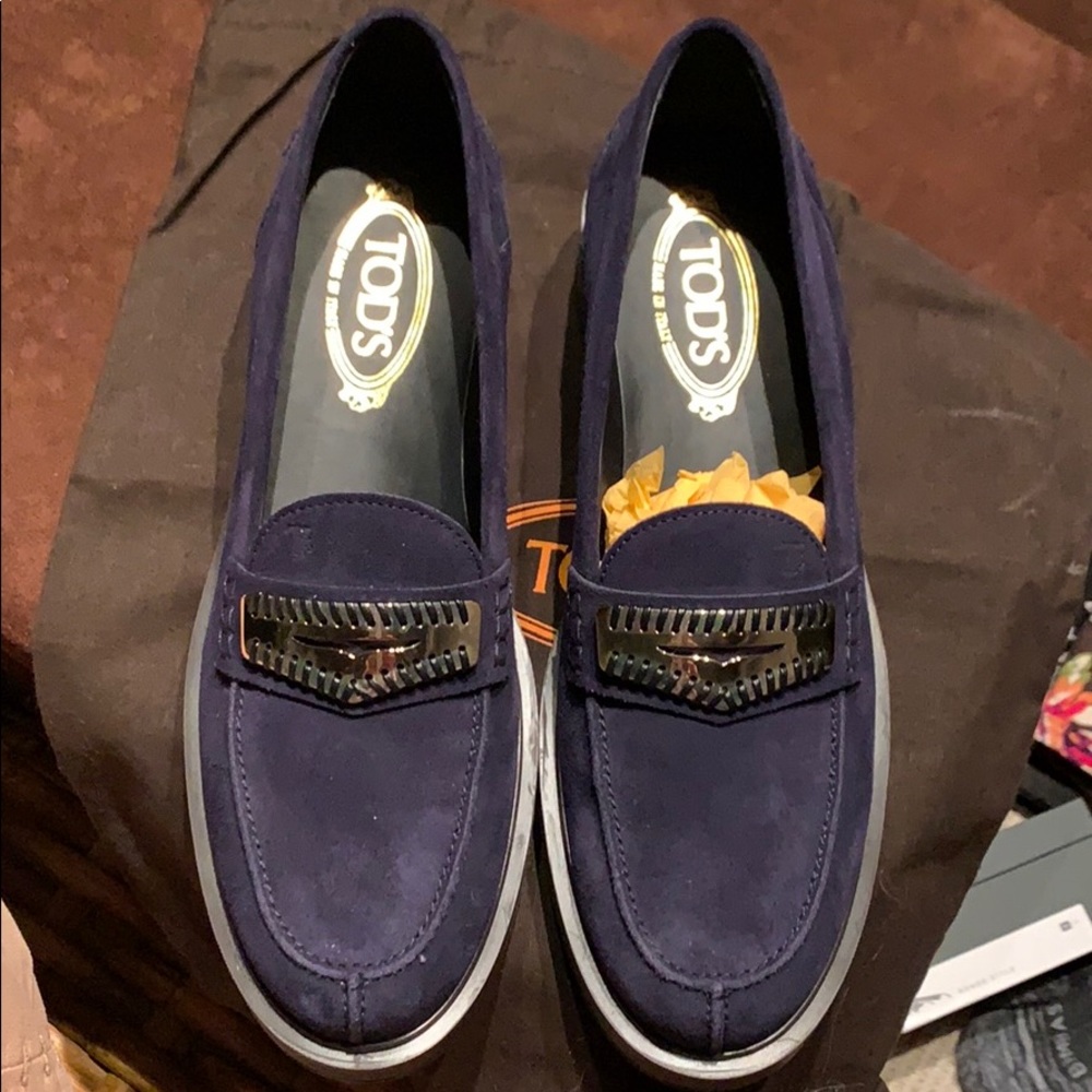 Tod’s Navy Suede Loafer with Lug Sole